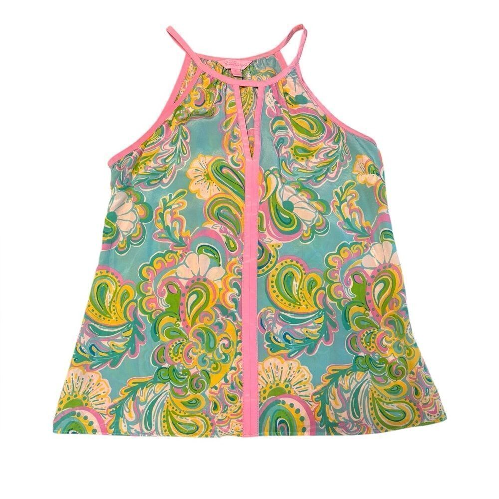 Lilly Pulitzer Blouse/Halter Top 100% Silk Bright Pink & Blue Size Small